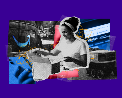 graphic of images showing woman opening Amazon box, an Amazon delivery truck, and Amazon's website