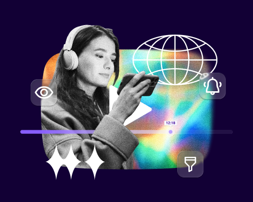 decorative collage featuring a girl with headphones looking at her phone
