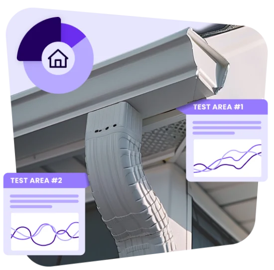 gutters on a house next to various media graphics