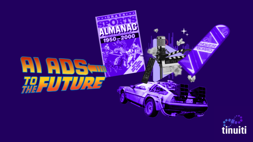 graphic with AI Ads to the Future text, Sports Alminac cover and other items