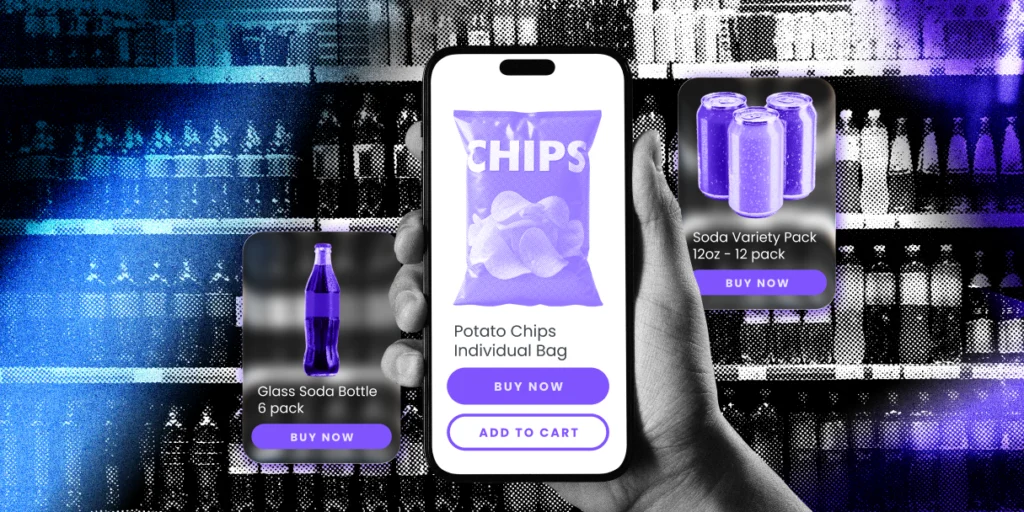 holding a phone in front of grocery shelves showing shopping for food and beverages in both ways