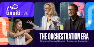 An image of people presenting on stage and the Tinuiti logo with the title Tinuiti Live: The Orchestration Era
