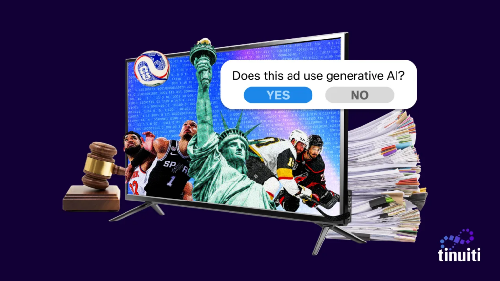 collage featuring statue of liberty, generative AI question, and stacks of documents