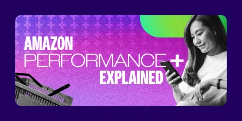 amazon performance plus imagery with woman on a phone and a shopping basket