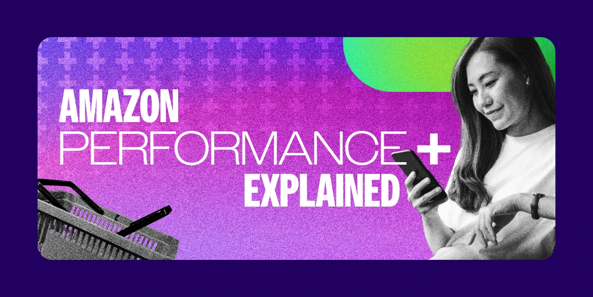 amazon performance plus imagery with woman on a phone and a shopping basket