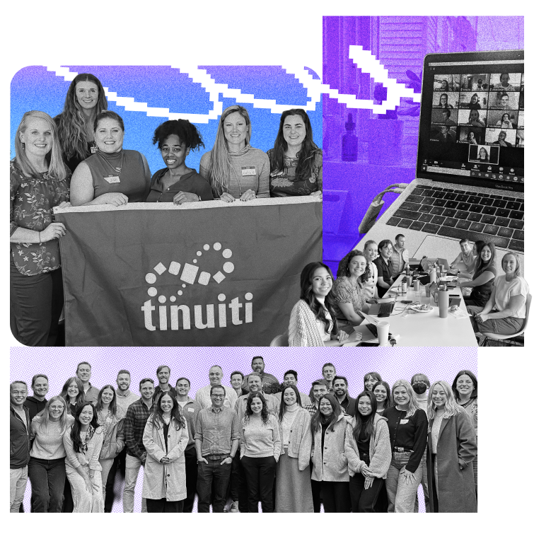 collage of people holding tinuiti flag and having zoom meeting