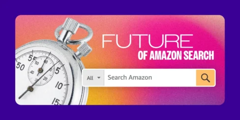stopwatch and amazon search bar with words future of amazon search
