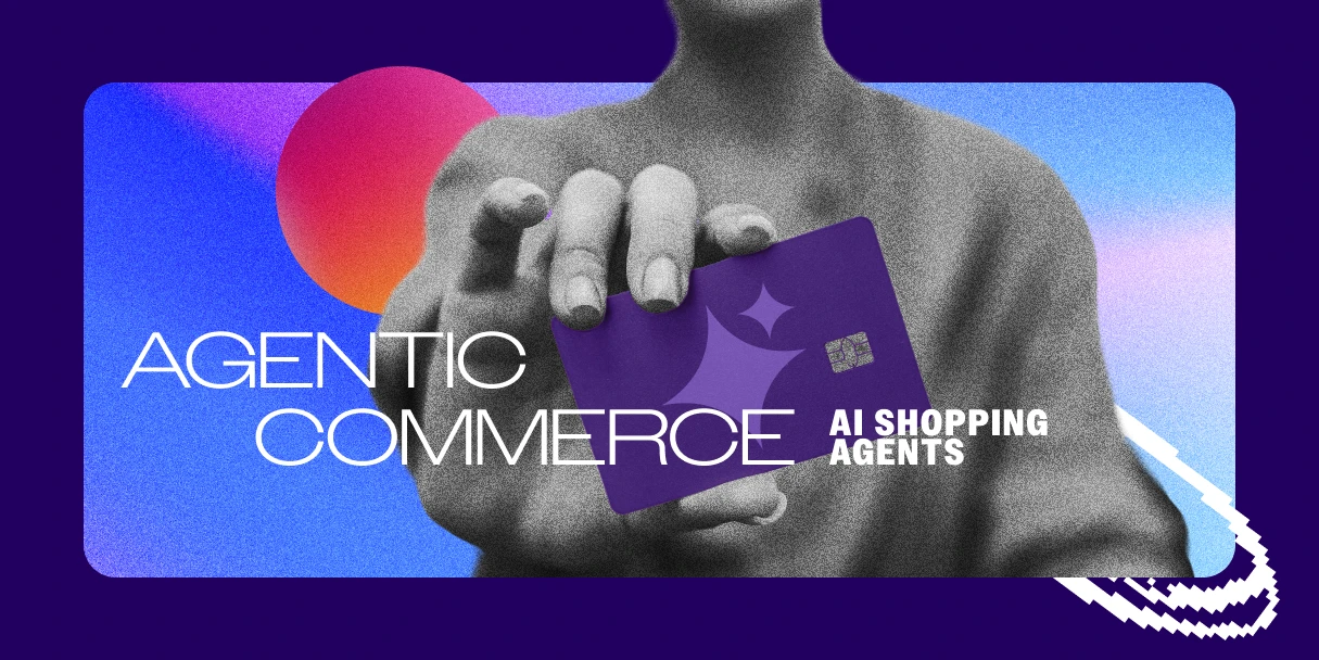 person holding credit card with the words agentic commerce ai shopping agents across the full image