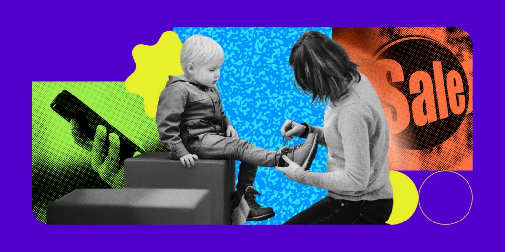 back to school imagery with woman putting on a child's shoe