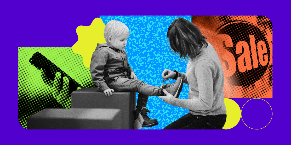 back to school imagery with woman putting on a child's shoe