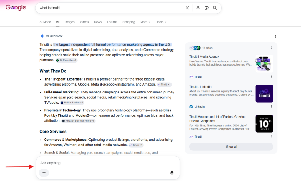 screenshot of google SERP with AI Overview leading to AI Mode