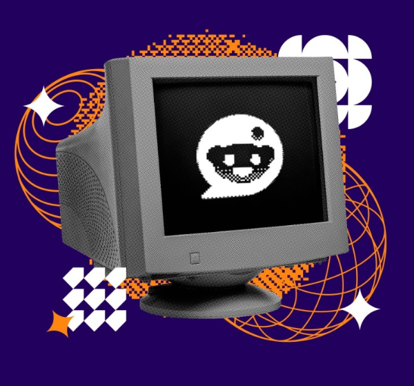 pixeled Reddit logo on desktop computer screen