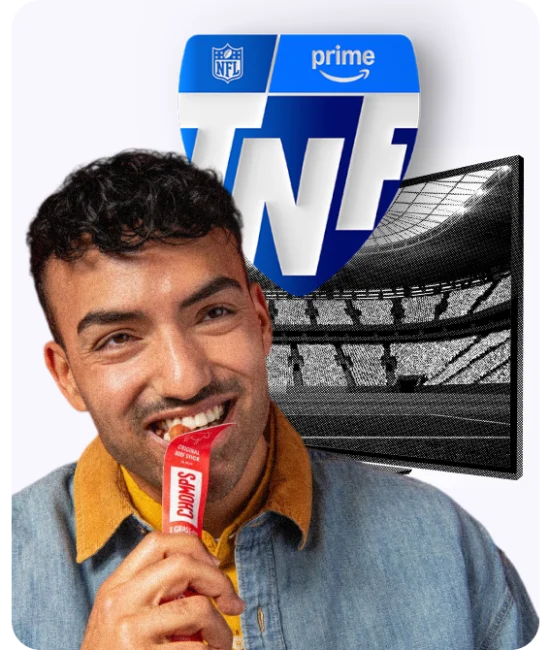 man eating Chomps bar and Thursday Night Football logo