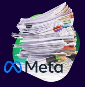 Meta logo and stack of papers