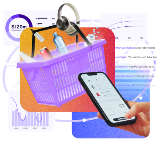 shopping basket, hand scrolling on shopping website, graphs and charts