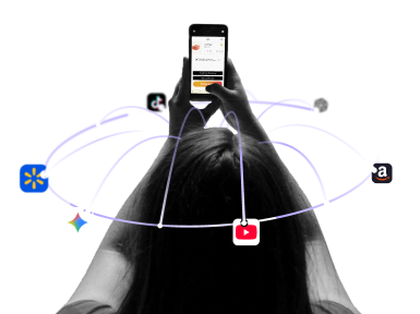 hand scrolling on phone purchasing something, various retail and tech icons