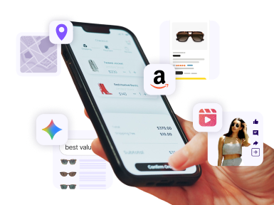 hand scrolling on phone purchasing something, various retail and tech icons