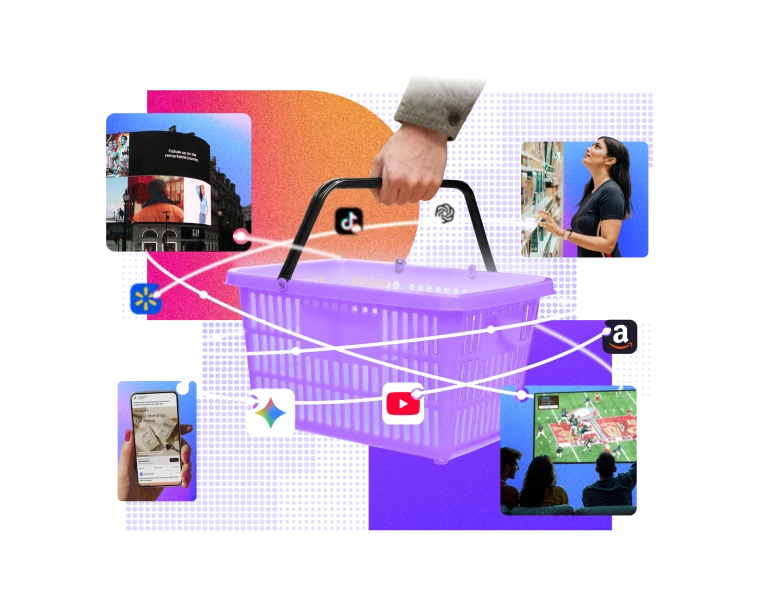 hand holding shopping basket, various retail logos