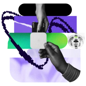 graphic featuring hands exchanging a card