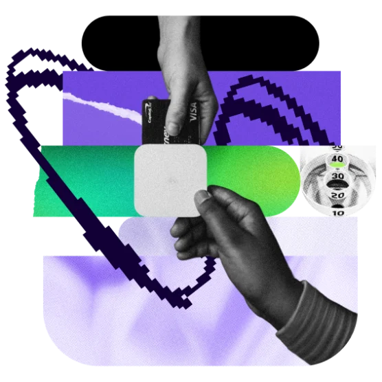 graphic featuring hands exchanging a card