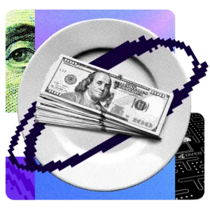 graphic featuring stack of large dollar bills