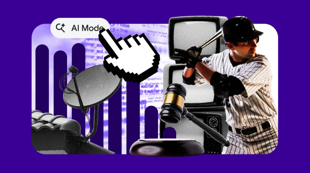 collage featuring MLB batter, cursor, search terms, charts and a satellite