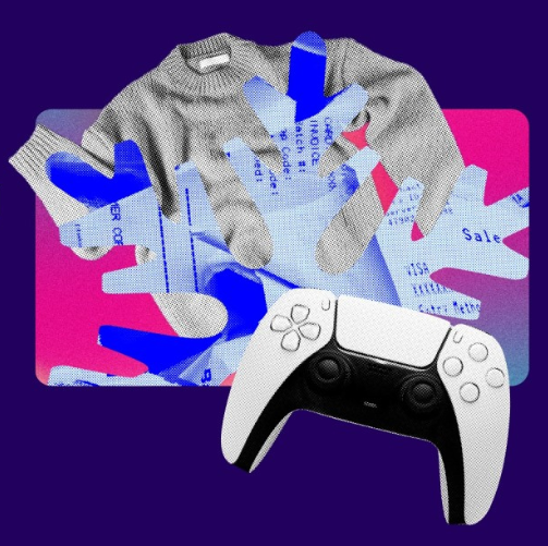 graphic featuring a sweater, snowflake, receipt, and gaming controller