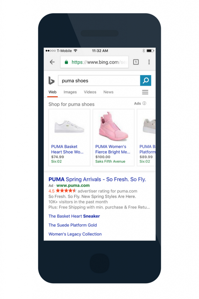 bing shopping ad format on mobile top of SERP